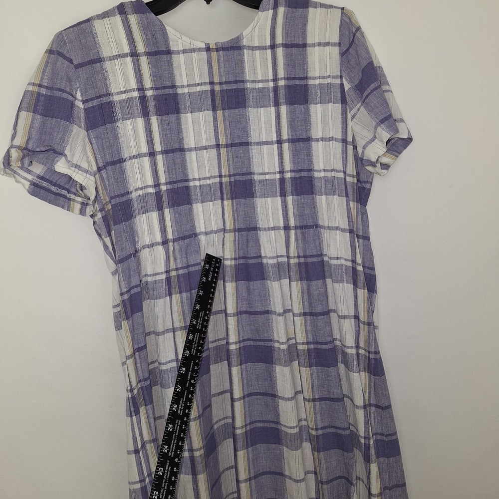 Vintage 90s Periwinkle White Plaid Linen Blend Dress 12 VTG Midi Cottagecore - Picture 6 of 16